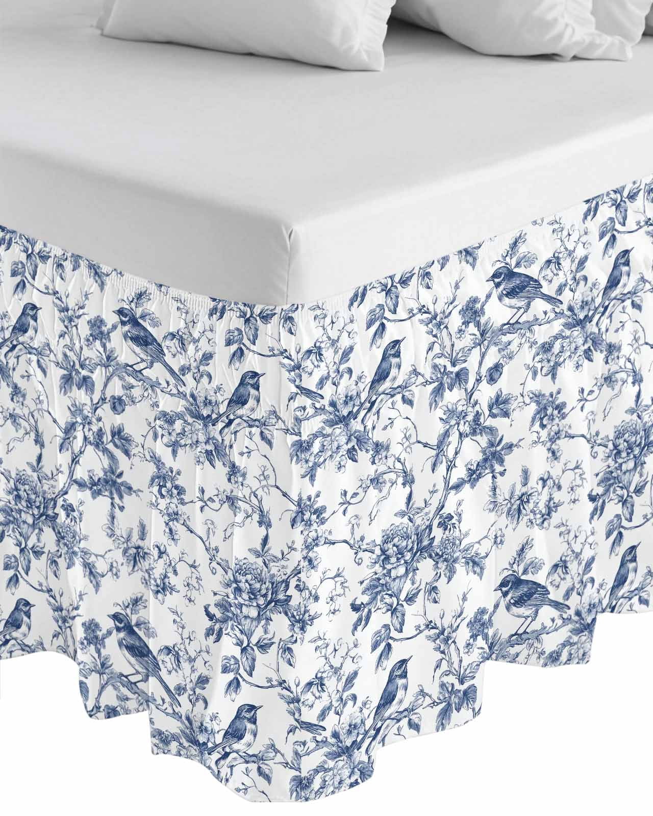 Blue Botanical Bed Skirt Queen Size, Vintage Botanical Birds Wrap Around Bed Skirting with Adjustable Elastic Strap, Dust Ruffle Pleated Bedskirts 16 Inch Drop for Bedroom Queen Beds