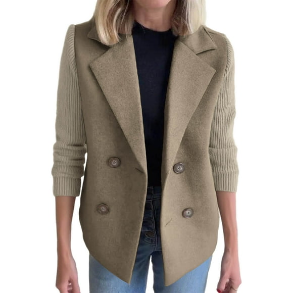 Ailaofu Women's Lapel Button Knitted Patchwork Sleeve Casual Coat Cropped, Cropped Double Breasted Coat Sweater Blazer