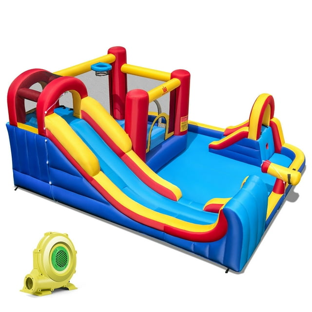 Gymax Inflatable Water Slide Giant Kids Water Park w/ Double Slides & 735W Blower