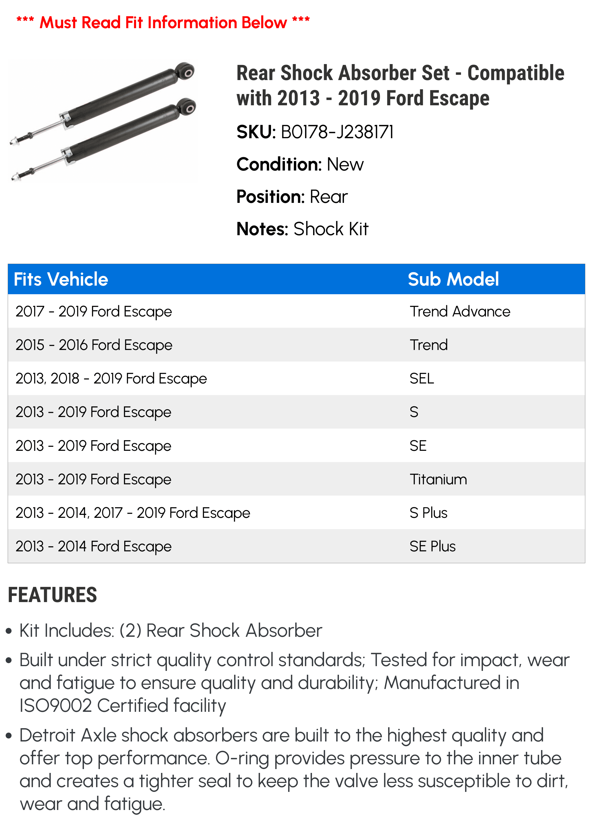 Rear Shock Absorber Set - Compatible with 2013 - 2019 Ford Escape 2014 2015 2016 2017 2018