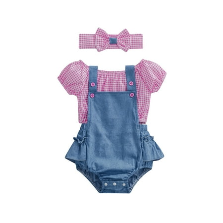 

COUTEXYI Infant Baby Girls 3 Pieces Outfits Plaid Off-Shoulder Short Sleeve Crop Tops + Denim Blue Straps Rompers + Headband Set