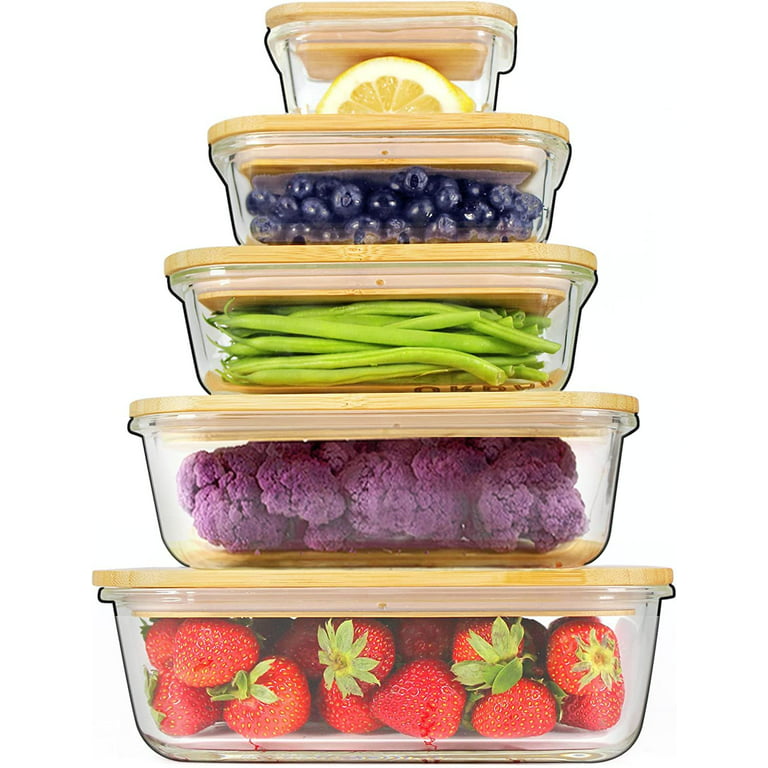 Glass Food Storage Containers with Bamboo Lids Eco-Friendly, set of 5,  Airtight, Pantry Organization, Meal Prep Glass Containers. Plastic Free.  BPA