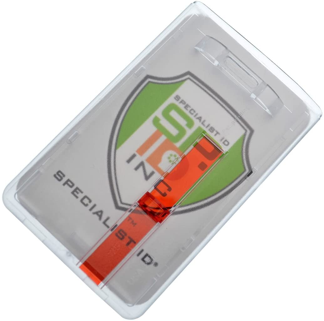 50 Pack - Frosted Vertical Rigid Badge Holder I.D. Card Dispenser with Easy Access Red Extractor Slide by Specialist ID