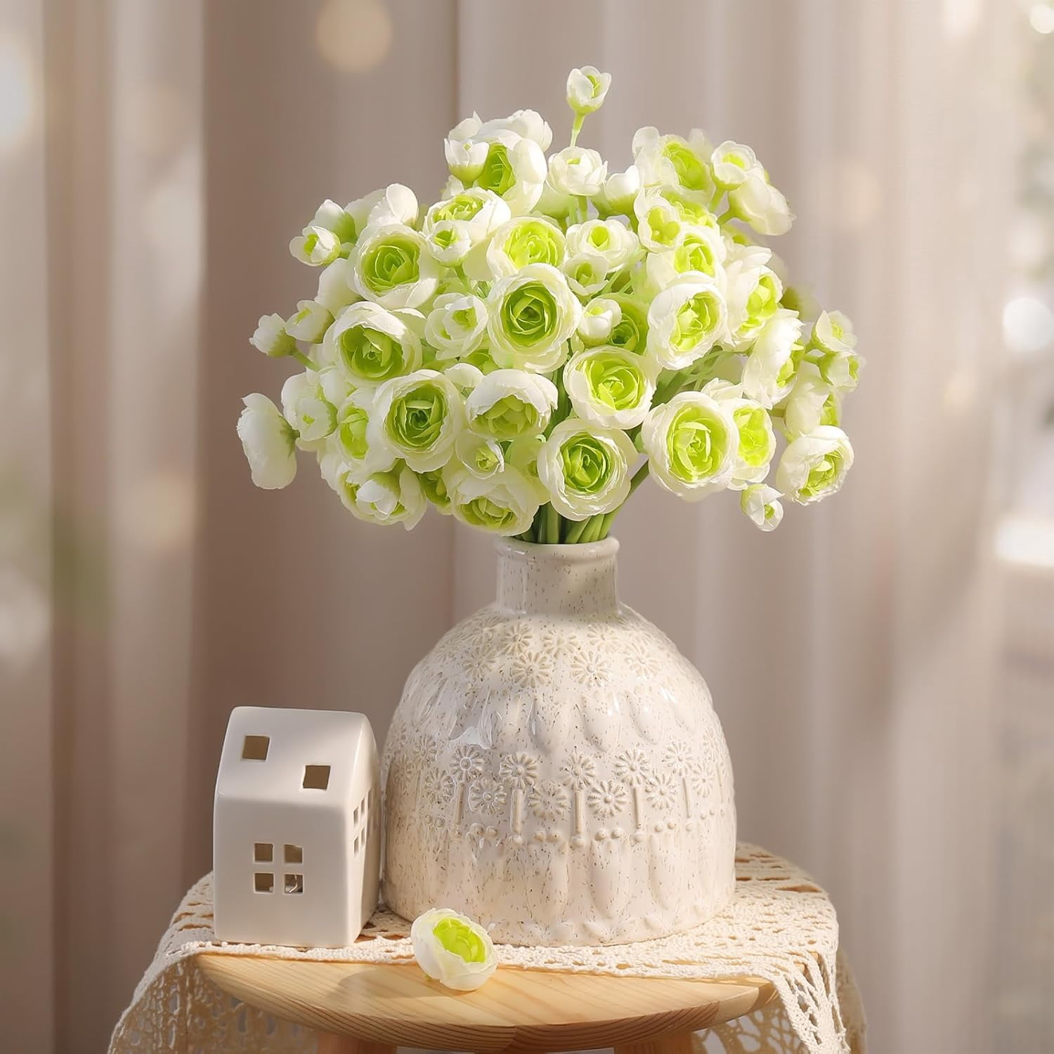 30Pcs Ranunculus Artificial Flowers Faux Silk Mini Ranunculus, Spring Flowers Artificial Indoor for DIY Bouquets, Bulk Fake Wedding Filler Flowers for Bride Decorations & Arrangements, Green