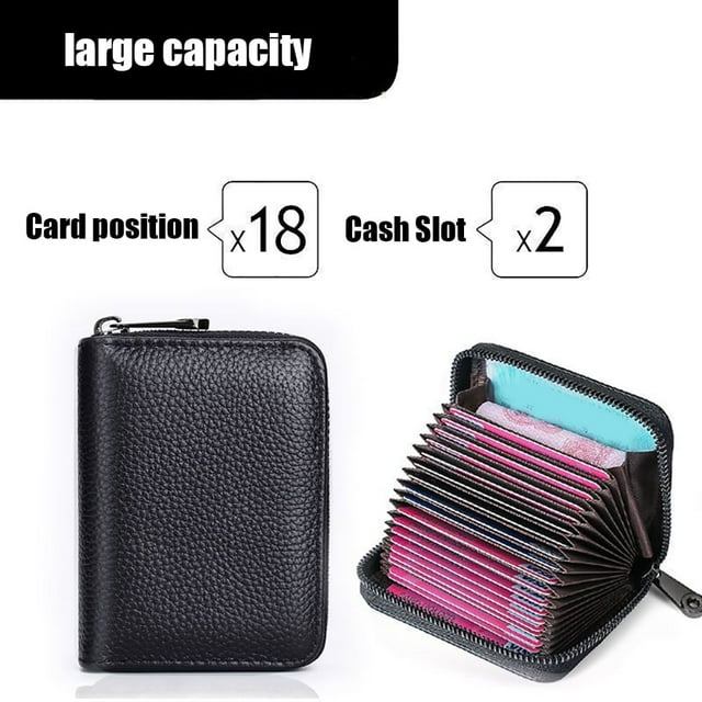 Billetera minimalista, organizador de tarjetas de crédito de cuero genuino con bloqueo RFID y ranuras de plástico transparente, tamaño portátil para un uso diario conveniente