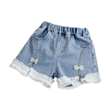 

TENSUNNYD Little Girls Summer Denim Shorts Elastic Waistband Flower Embroidery Jeans White Lace Jeans For Kids Baby Girl Infant 6M-12M
