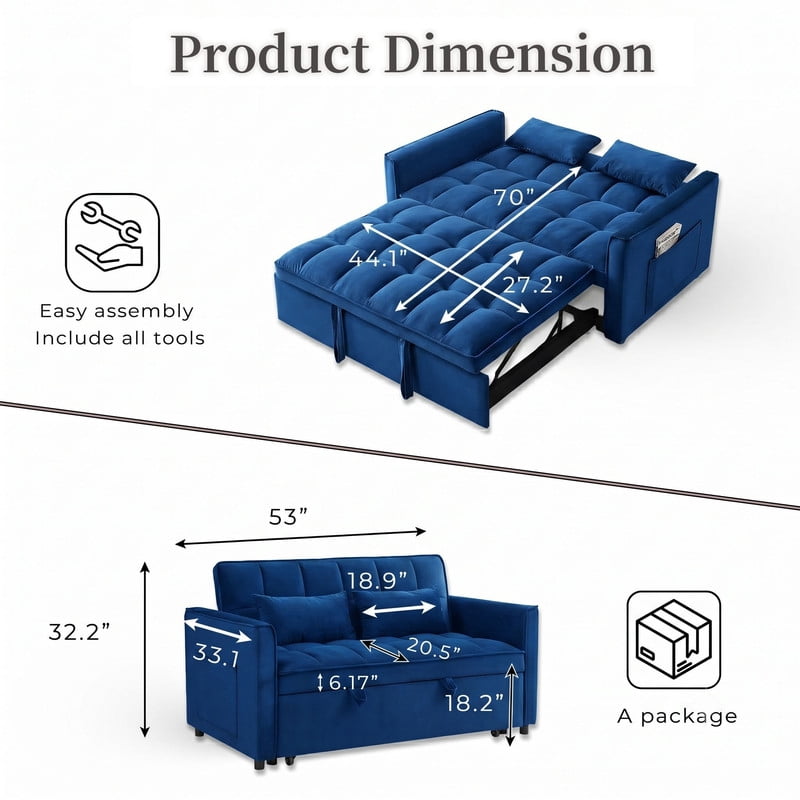 Gewnee 55" Sofa Bed, Convertible Sleeper Sofa & Pull Out Couch, 3-in-1 Velvet Loveseat with Adjustable Backrest and Storage Pocket, Blue