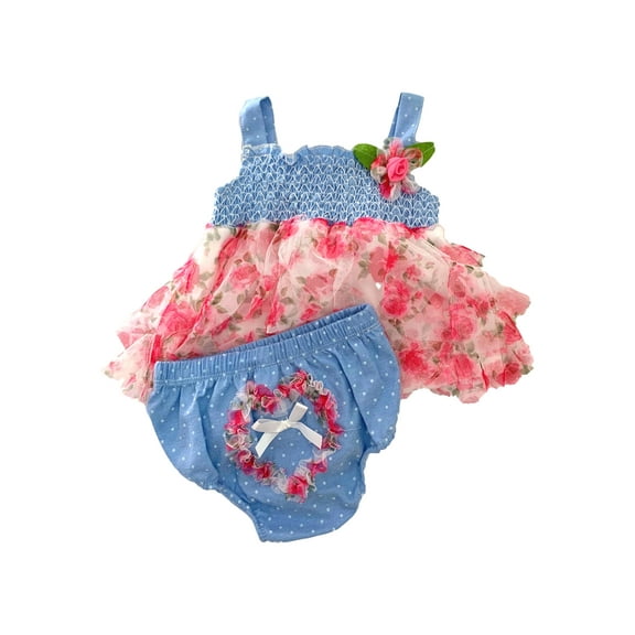 Infant Baby Girls Pink Floral & Dot Chambray Top & Matching Bottom Set 6-9M