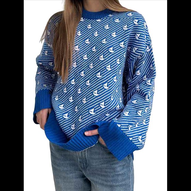 Suéter de Larga para Mujer, Suéteres Cortos de Gran Tamaño de Otoño, Tops de Punto con Cuello Redondo y Estampado de Velero Informal Azul L