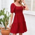 thumbnail image 2 of Yuyuzo Robes d'Été pour Femmes à Encolure Carrée, Manches Courtes Bouffantes, Mini-Robe, Smockée, Décontractée, Ligne A, Mini-Robe Courte, 2 of 7