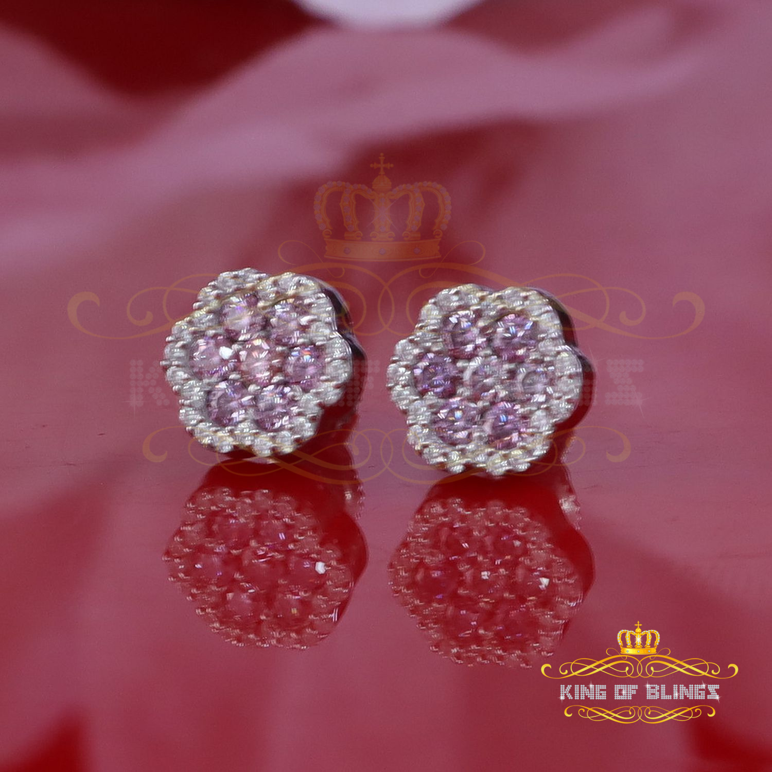 King of Bling's 925 Silver White 0.66ct VVS D Pink Moissanite Floral Men's/Women's Stud Earrings