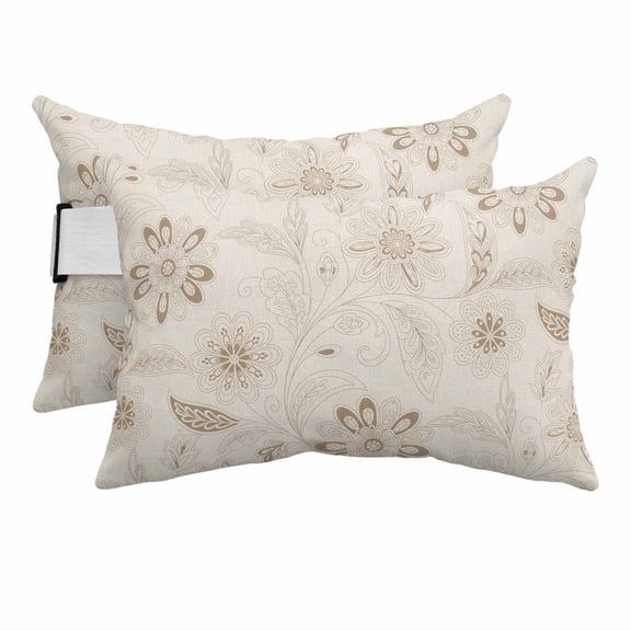 Outdoor Lumbar Pillow for Lounge Chair with Strap & Insert Beige Paisley Pattern Recliner Head Pillow Set of 2 Boho Tribal Vintage Flowers Waterproof Patio Pillows for Beach Office 11x16 Inch