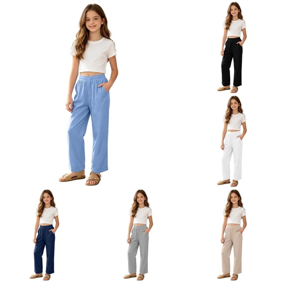 Girls Summer Elastic Waist Long Pants Casual Solid Trousers for Kids Breathable Lightweight Everyday Wear7 15Years Girls Striped Leggings Young Girls Clothes Girl Leggings Softball Youth Pants Girl