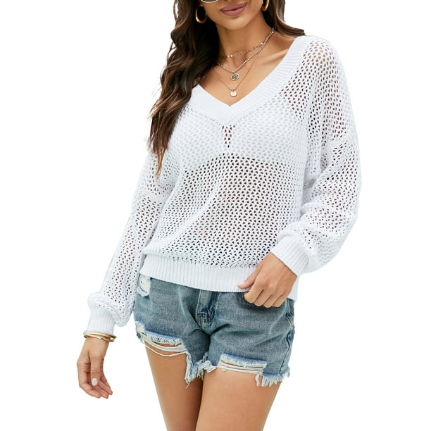 Jersey de mujer, Top de punto suelto para mujer Agujeros huecos con cuello en V Tops casuales de man Abody Blanco/Extragrande