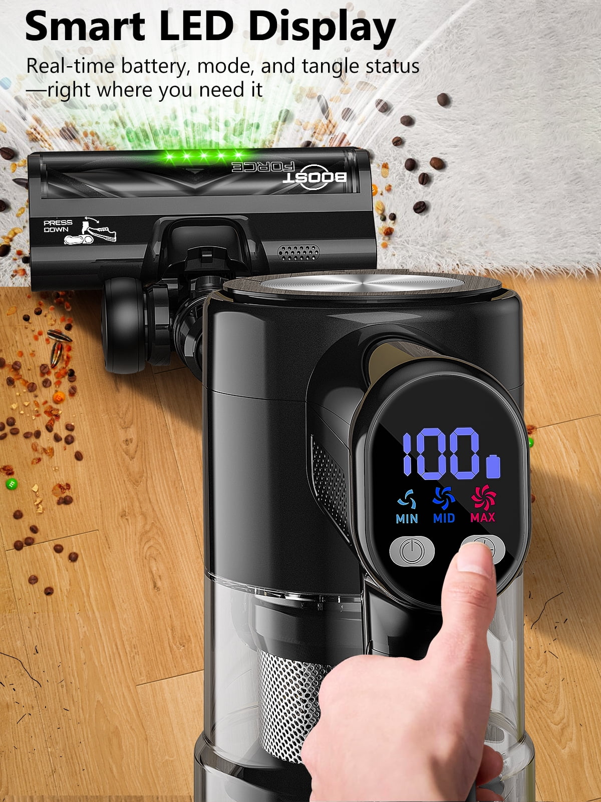 H28 Cordless Stick Vacuum Cleaner, 500W Brushless Motor, Self-Standing, Wall Charging, 55 Min Runtime, Lightweight for Hard Floors & Carpets, Black