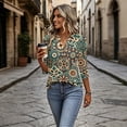 thumbnail image 5 of Domzest V Neck Tops for Women 3/4 Sleeve Boho Floral Print Pleated Button Down Shirts Loose Fit Tunic Blouse Green L, 5 of 6