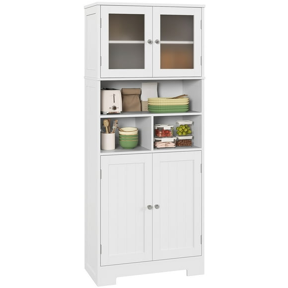 HOMCOM Modern Kitchen Pantry Storage Cabinet with Glass Doors White