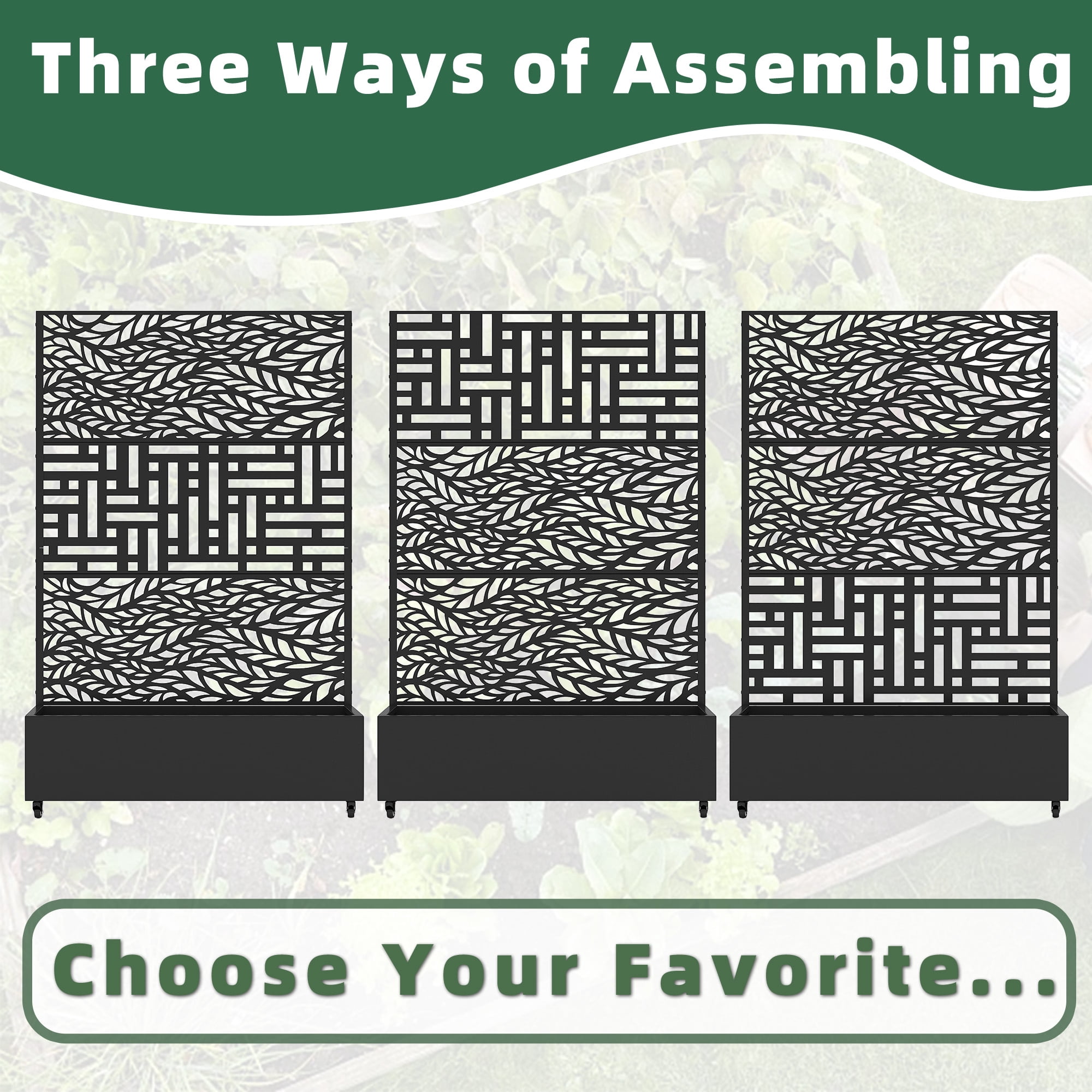 MAYEERTY 3-Set 47*16" Outdoor Black Metal Planter Box with Trellis for Climbing Plants,Leafy & Street Pattern