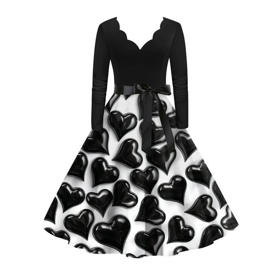2026 Valentine Dress for Women Retro Long Sleeve V-Neck Cocktail Dresses with Belt 3D Love Heart Print A-Line Dress White M