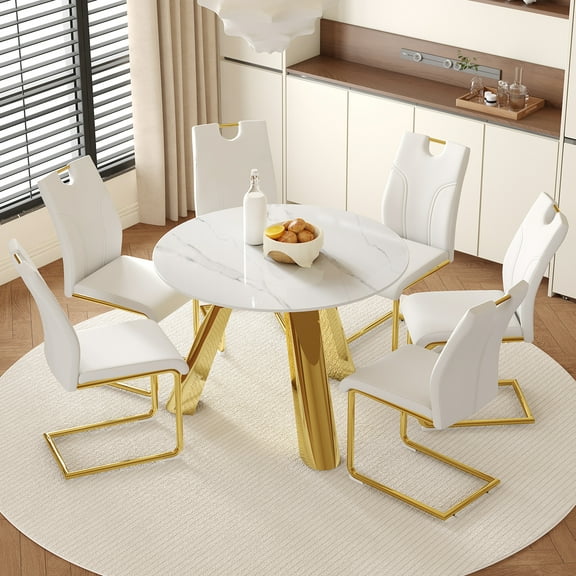 42" White Sintered Stone Round Dining Table Set with 6 Gold Leg Chairs - Modern Kitchen/Dining Room Furniture, Seats 6, Stainless Steel Base, Easy Clean