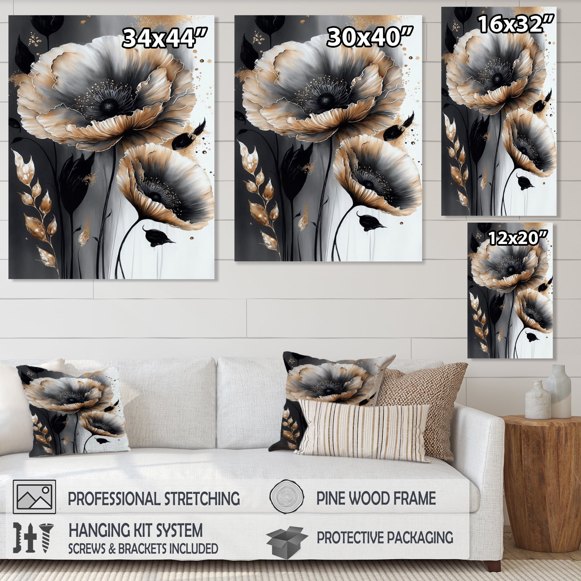 Designart Grey Gold Flower Bouquet VI Canvas Wall Art
