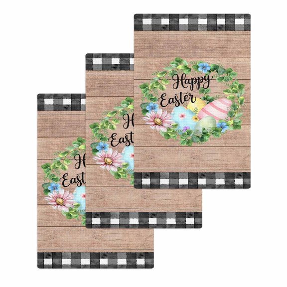 Easter Kitchen Dish Towels for Drying Dishes Set of 3, Spring Colorful Eggs Flower Leaf Wood Grain Plaid Waffle Weave Microfiber Hand Tea Bathroom Towels Quick Dry & Absorbent Towel 15.7x23.6