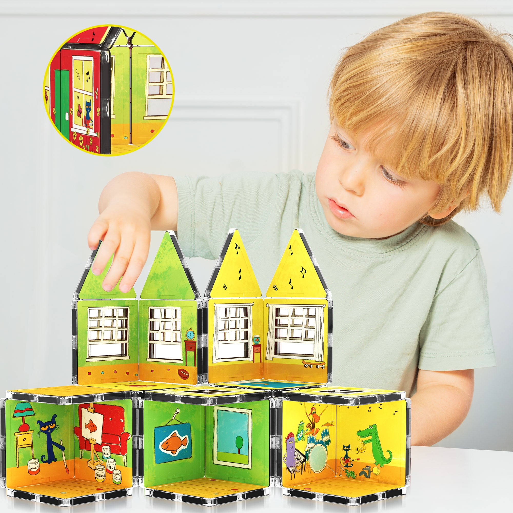 PicassoTiles Pete The Cat Magnetic Tiles, Home Theme Building Blocks with Double-Sided Printing, STEM Educational Toy for Toddlers Boys & Girls 3+