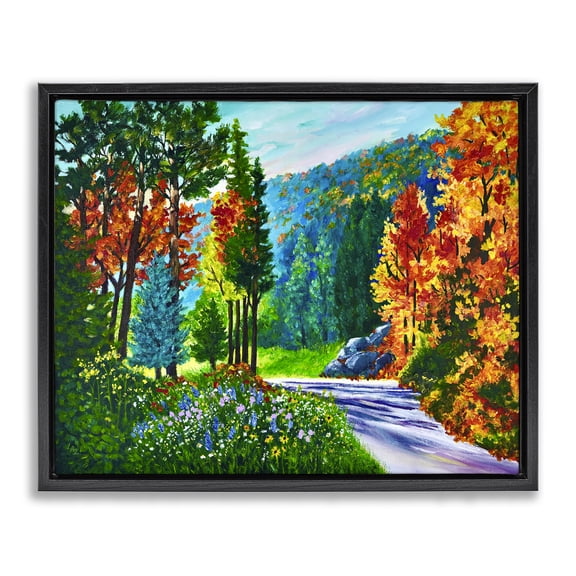 Stupell Industries Cottage Sunlit Autumn Woodland Pathway Black Floating Frame Canvas Art, 21 x 17, by Lee Ann Zirbes
