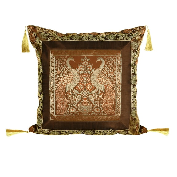 Stylo Culture Indian Brocade Living Room Throw Pillow Sham Cover Coffee Brown Gold 18x18 Jacquard Tassels Sofa Cushion Cover 45 x 45 cm Polydupion Silk Zippered Peacock Pillow Case | 1 Pc