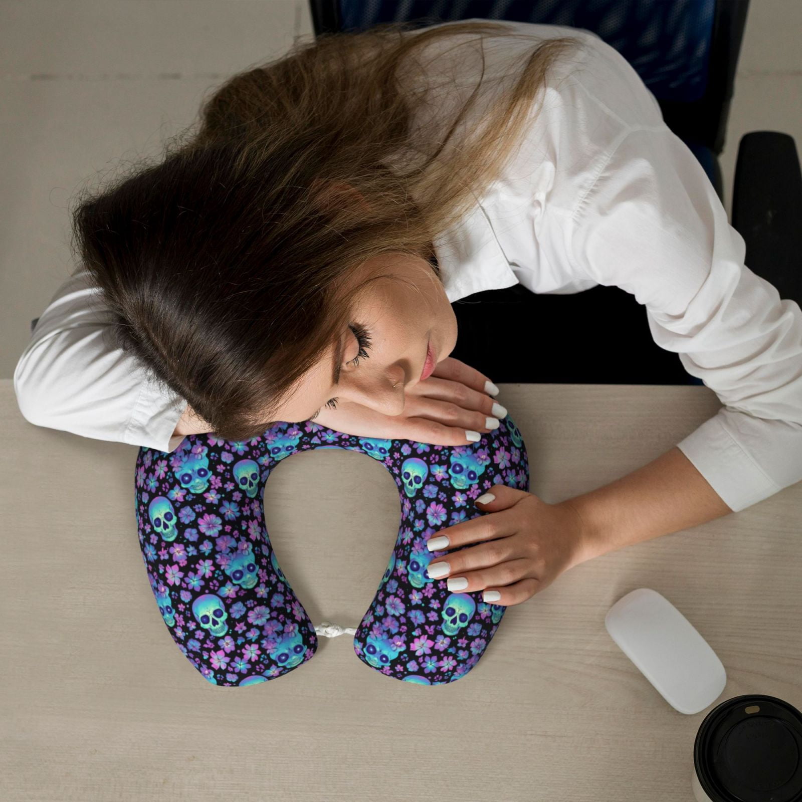 Xecao Funny Skull Flower Print Memory Foam Cervical Neck Pillow Versatile U-Shaped Pillows for Home,Office,Camping,Travelling,Soft Washable Cover
