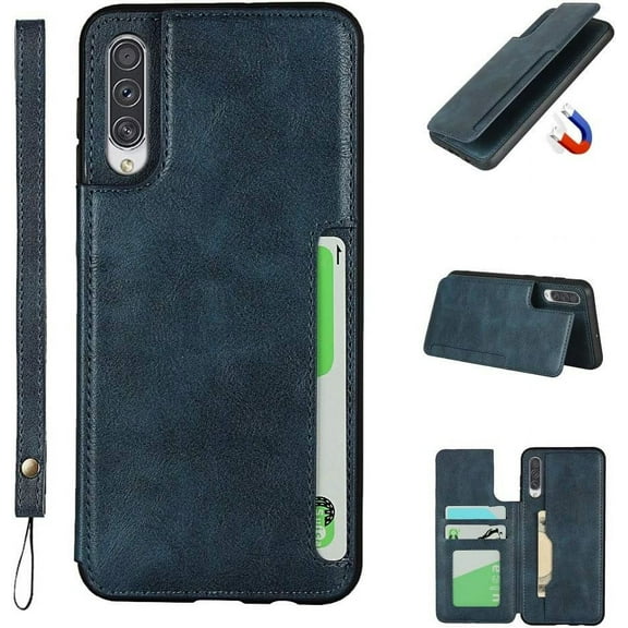 Galaxy A50 Luxury PU Leather Case,Credit Card Holder,Cash Slots,Stand Function Soft TPU Back Wallet Case Flip Wrist Strap Multi-Function Case for Samsung Galaxy A50 /A50s/A30s 2019,Blue