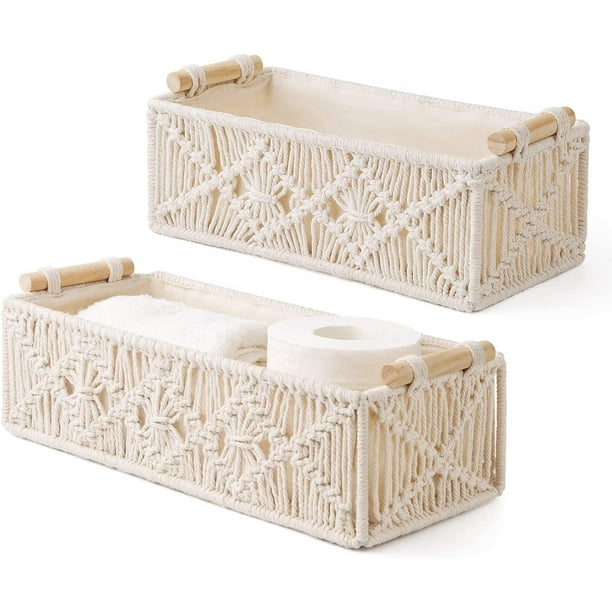 Cestas de almacenamiento de macramé, juego decorativo hecho a mano con asas de madera, mejora la decoración de tu hogar con cuerda de algodón natural, cesta perfecta para el baño, regalo para amigos