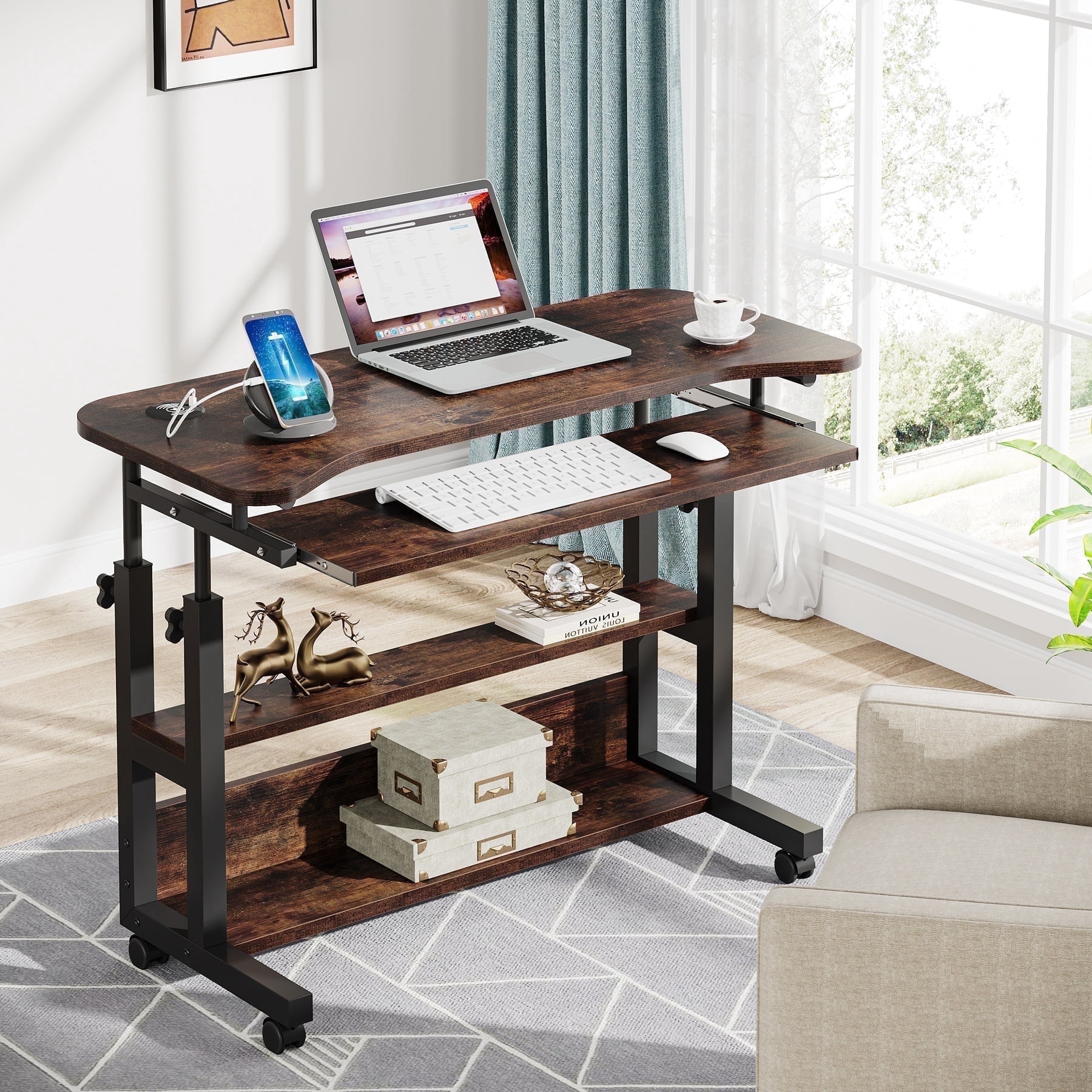 Tribesigns Mobile Computer Desk, Portable Adjustable Height Desk with Power Outlets and Storage Shelves for Home Office, Brown