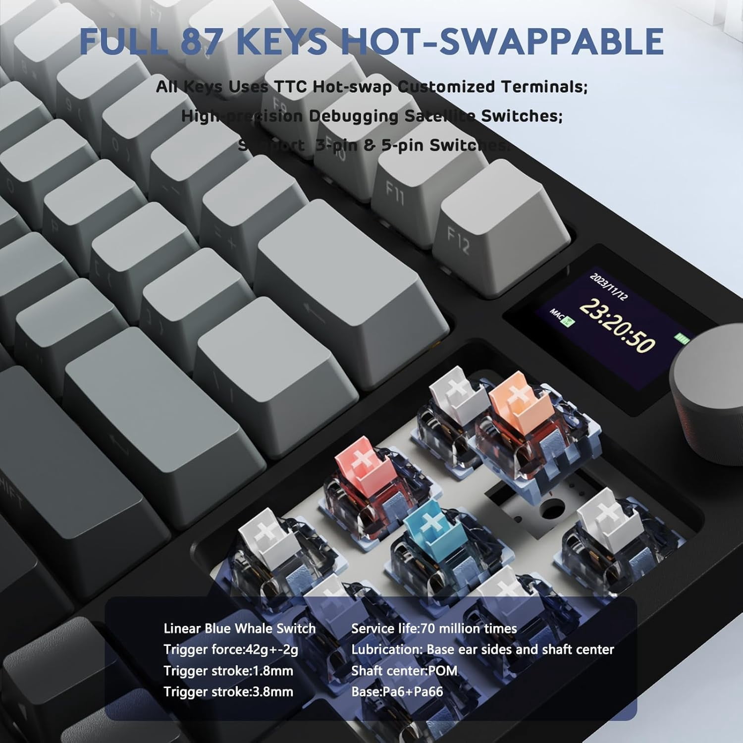 ATTACK SHARK K86 RGB 75% Wireless Gasket Mechanical Keyboard,82 Keys Hot Swappable,4000mAH Battery/CNC Knob & 1.2''HD OLED Digital Display,Custom Linear Switches& Detachable Coiled Cable