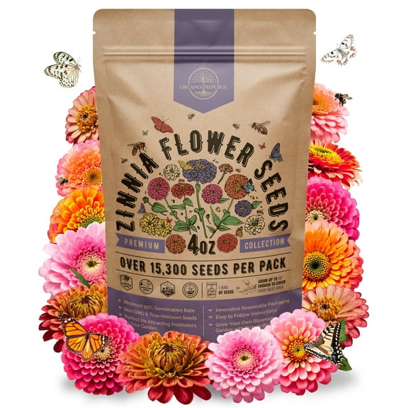 Zinnia Seeds Pack 4 oz - 15,300 Non-GMO Heirloom Flower Seeds for Planting, Annual Flowers in Individual Seed Packet for Planting Home Garden