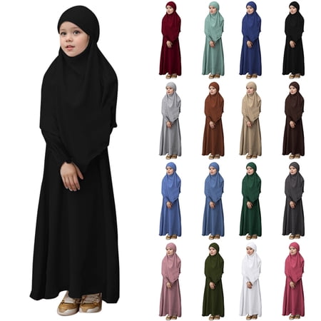 MUXiin Prayer Clothing for Children Girls Dresses Long Sleeve Abaya with Hijab Islam Clothing Women Women s Dress Set for 3-4Years