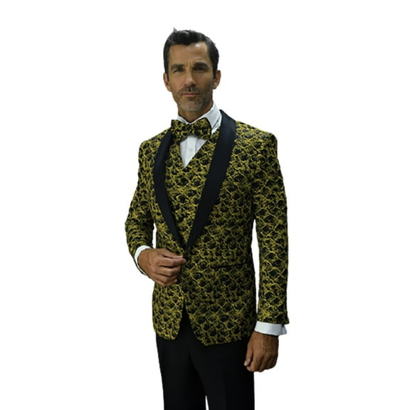 Statement Bellagio-12 Tailored 3Pc 1 Button Mens Gold Tuxedo With Shawl Lapel Super 150'S Extra Fine Italian Fabric By Alberto Nardoni Brand Designer