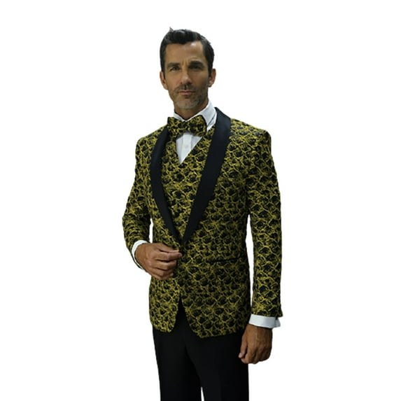Statement Bellagio-12 Tailored 3Pc 1 Button Mens Gold Tuxedo With Shawl Lapel Super 150'S Extra Fine Italian Fabric By Alberto Nardoni Brand Designer