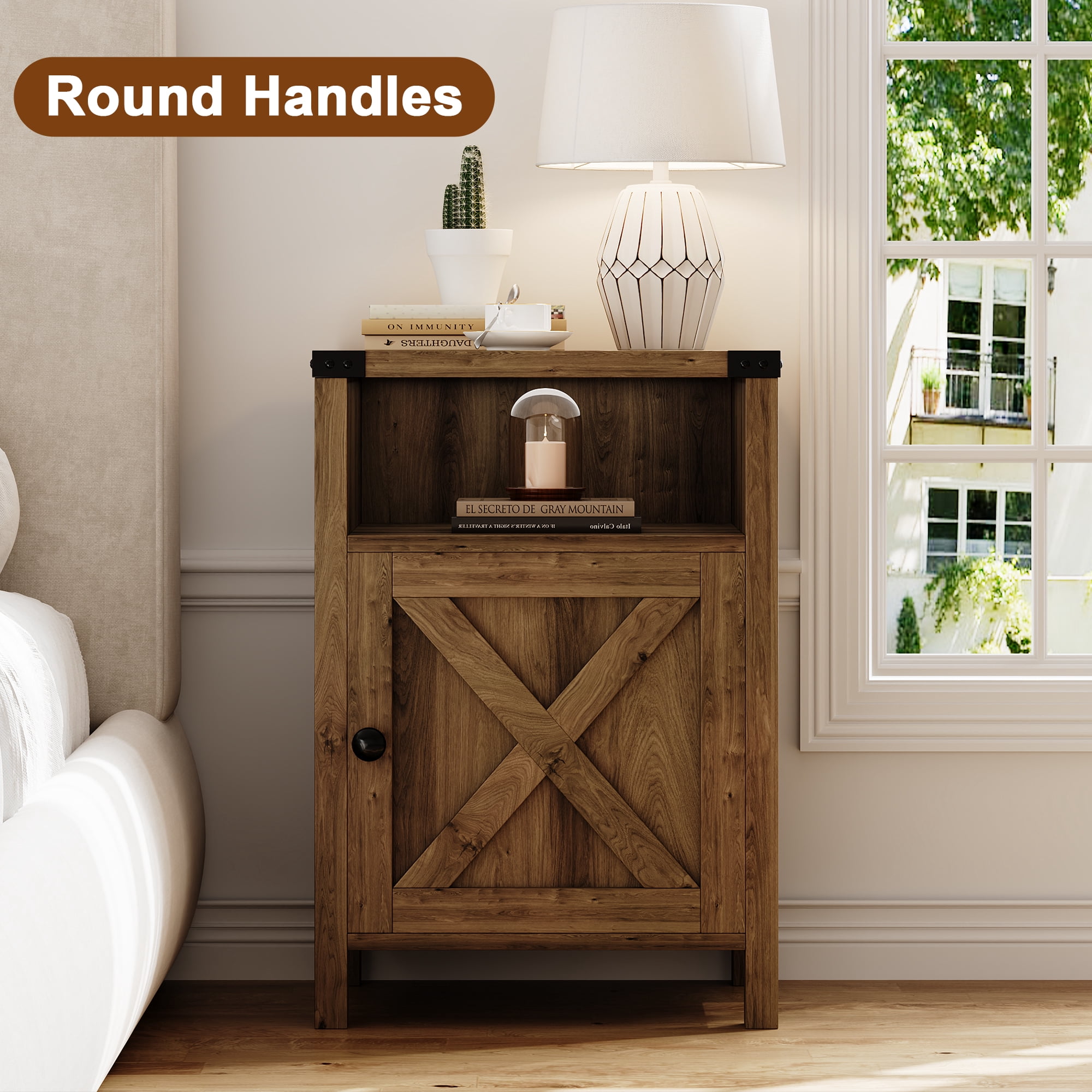 4 EVER WINNER Farmhouse Single Barn Door Side Table, Rustic Oak Storage End Table, Industrial Accent Table for Living Room Areas