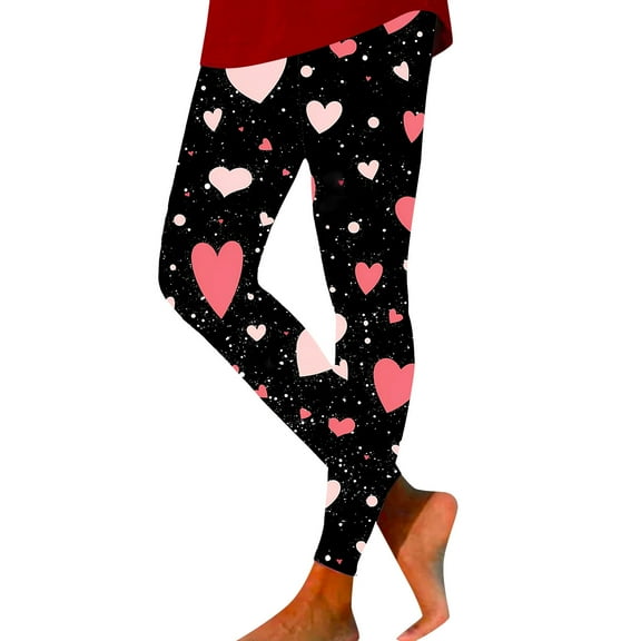 Fsqjgq Valentines Day Leggings for Women Cute Love Heart Printed Yoga Pants Lifting High Waisted Workout Leggings Tights S