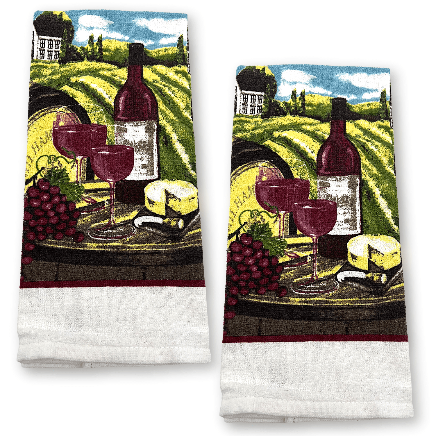 Printed Kitchen Dish/Hand Towels Wine Bottle & Glass 15" x 25" 