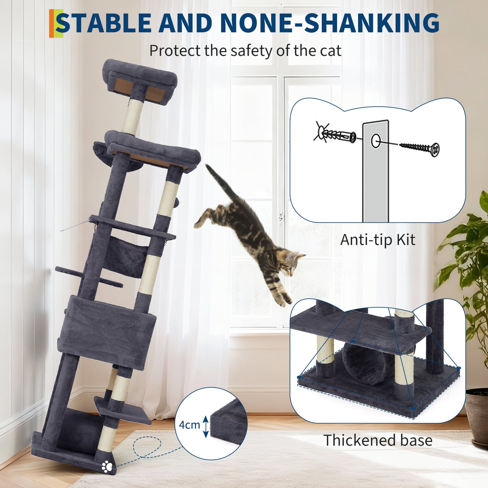 QinaQin 74 Inch Cat Tree for Large Cats, Multi Level Tower with Sisal Posts, Condo, Toys and Spacious Top Perch
