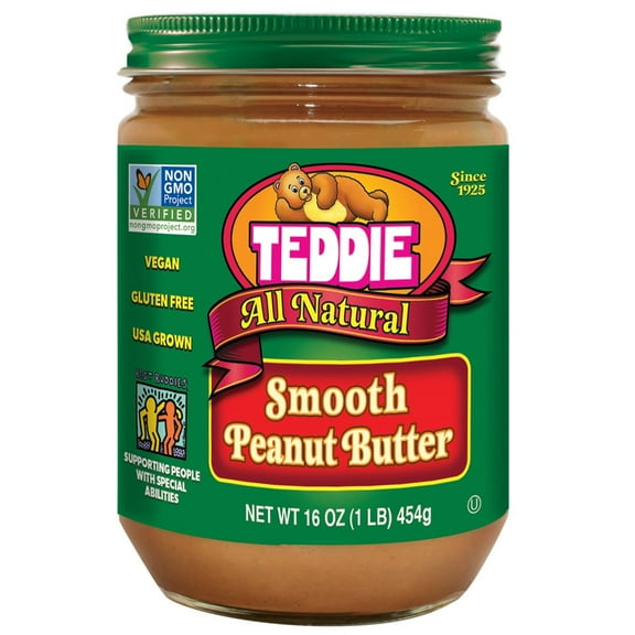 Teddie All Natural Vegan & Gluten Free, Non-GMO Smooth Peanut Butter, Regular Size 16 oz, 1 Jar
