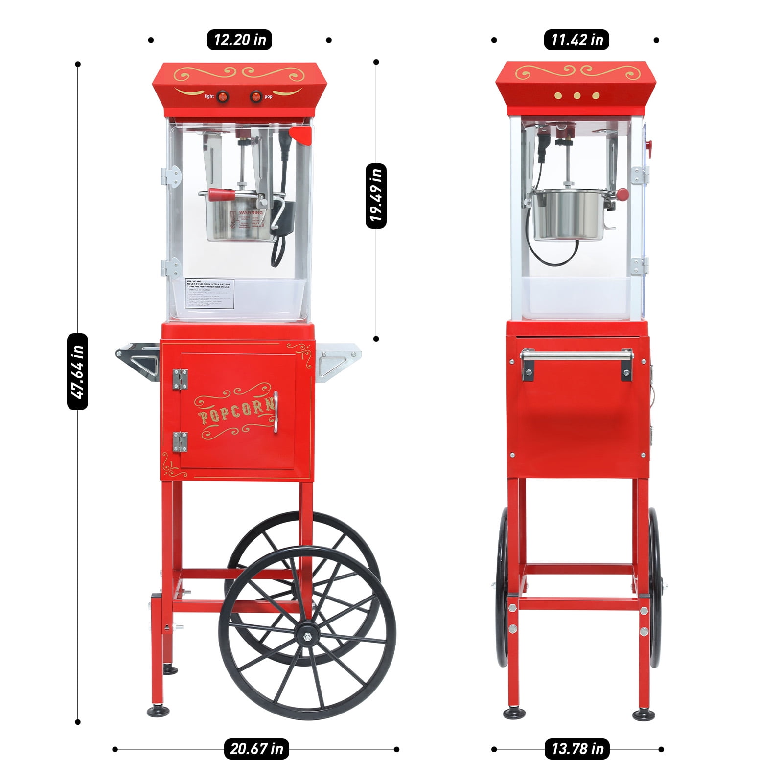 Popcorn Machine with Cart, with Wheels & 6 Oz Pot Popcorn maker Equipped with Popcorn Scoops & Tools, Mobile Cart with Lockers for Commercial Home Movie Theater Vintage Style (Red)