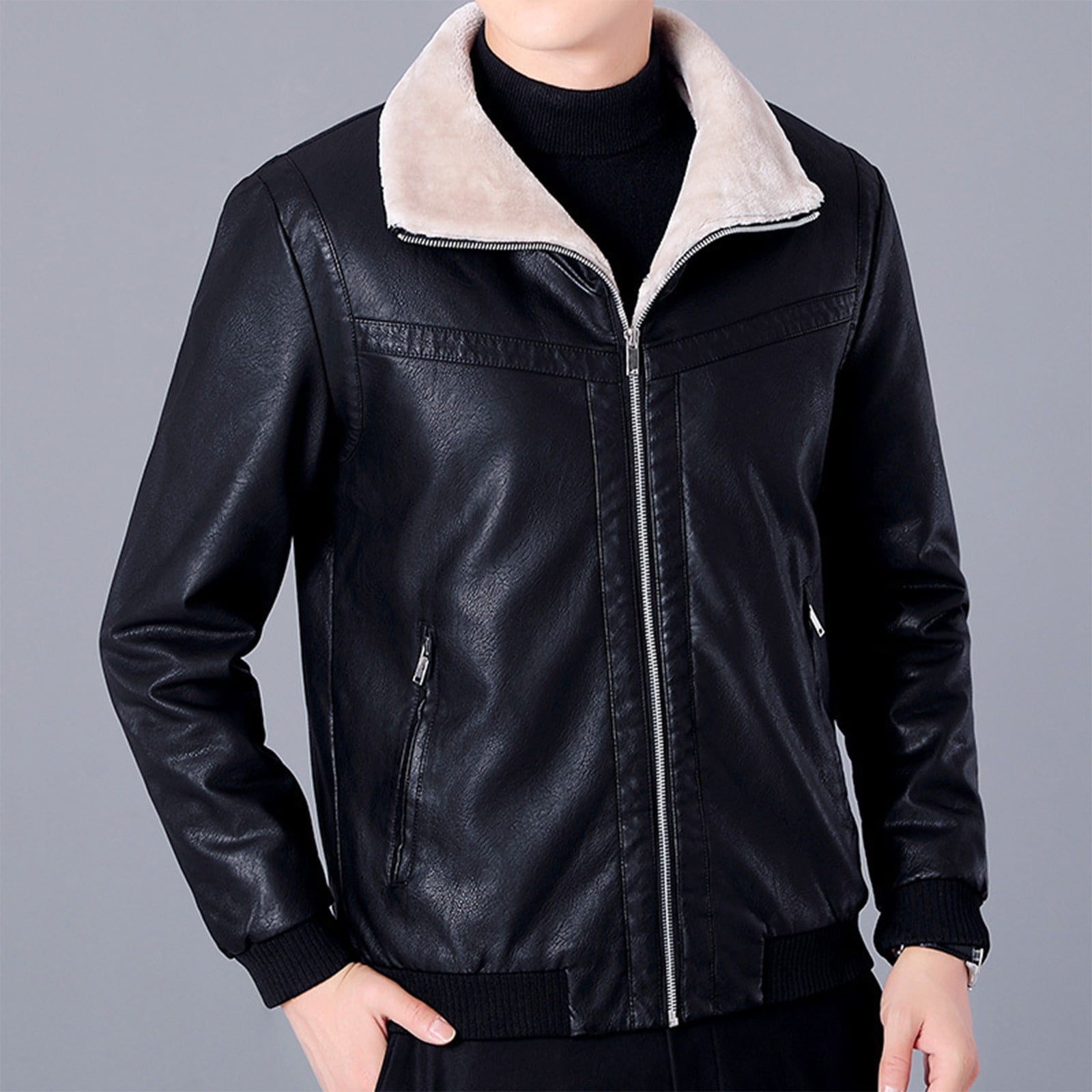 Brown Leather Jacket Men Fashion Fleece Turn-Down Collar Jacket Moto Biker Coat Retro Bomber Faux Leather Outerwear