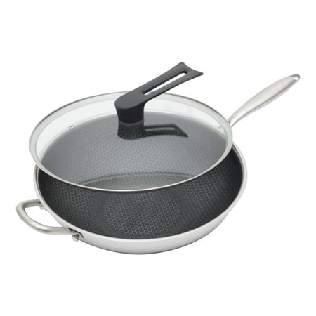 ChicHomey 316 Stainless Steel Wok with Lid, Honeycomb Cooking Frying Wok ,Rapid Even Heating, Non-Stick Easy Clean,Multi-Stove Compatible (Black+Silver)
