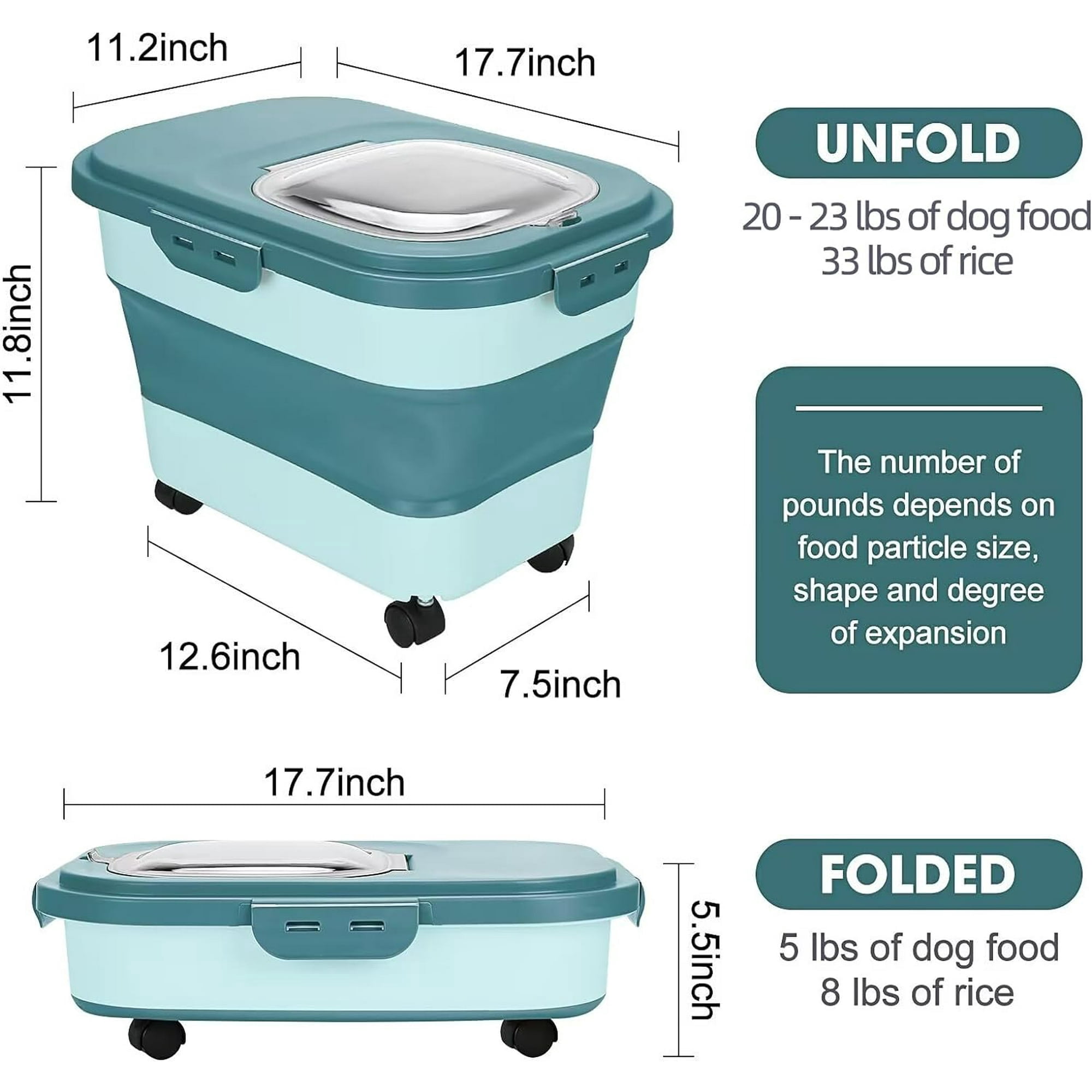 25 Lbs Dispenser Bin with Rolling Wheel Airtight Locking Lid, Cereal Rice Food Storage Containers, Dog Pet Flour Sugar Plastic Leakproof Sealable Large Kitchen Pantry Holder Green