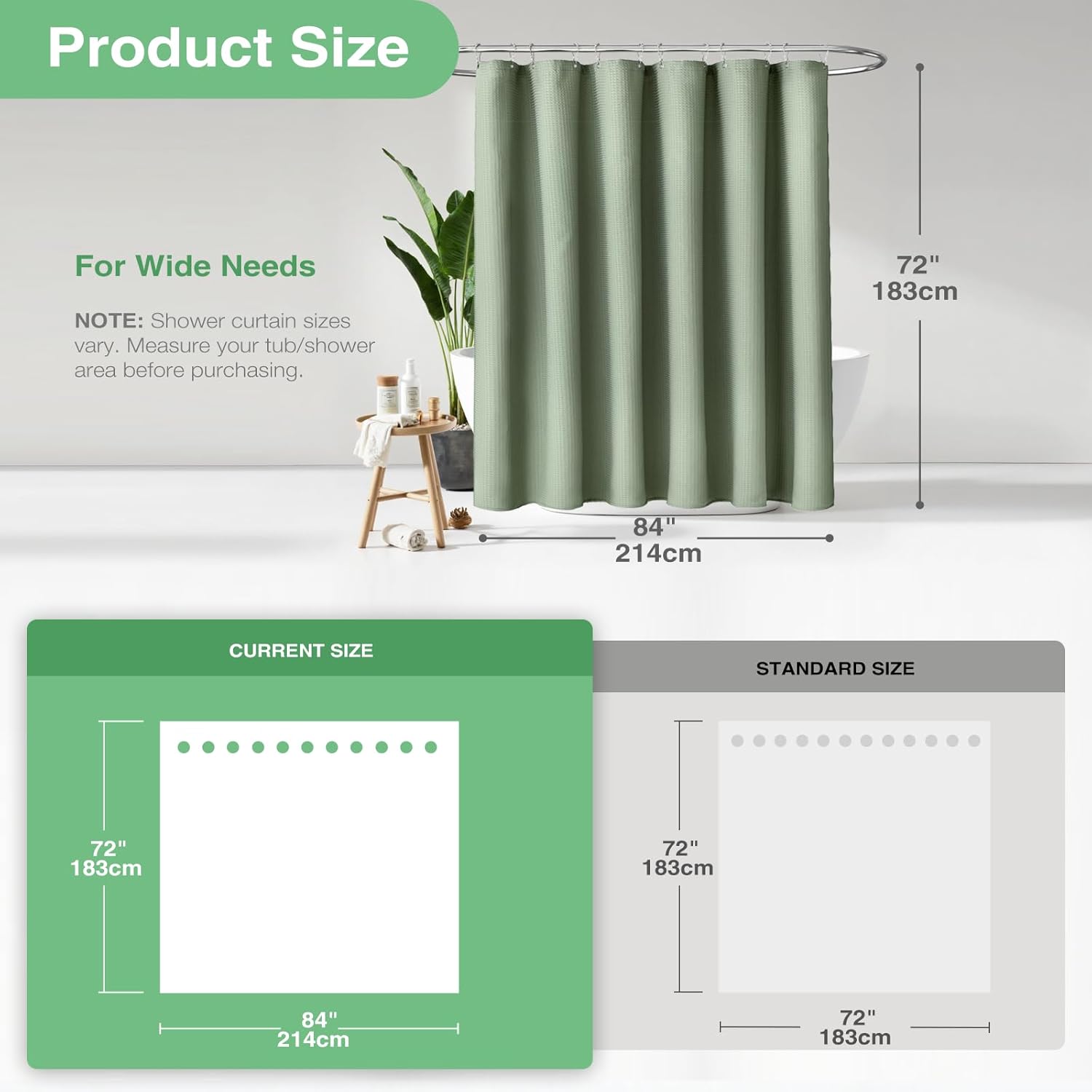 Extra Wide Shower Curtain - 84 Inch Wide Waffle Weave Weighted Thick Cloth Bathroom Shower Curtain, Neutral Heavy Duty Hotel Bath Curtain Set with 14 Plastic Hooks, 84x72, Sage Green