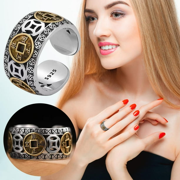 Anillos para mujer, regalos para mujer, anillo Qian de los Cinco Emperadores, estilo chino chic, pendiente vintage tailandés abierto para hombre.