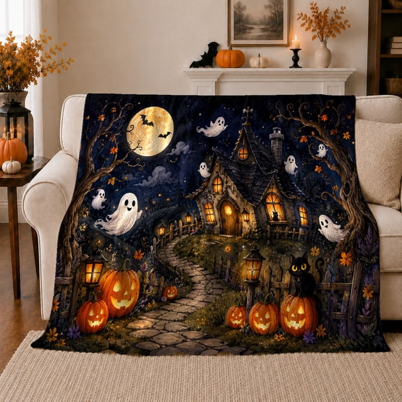 Enchanted Autumn Night Cottage and Pumpkins, Warm Flannel Blanket for Living Room and Family Room, Art Lovers Autumn Celebration Gift, Festive Home Decor